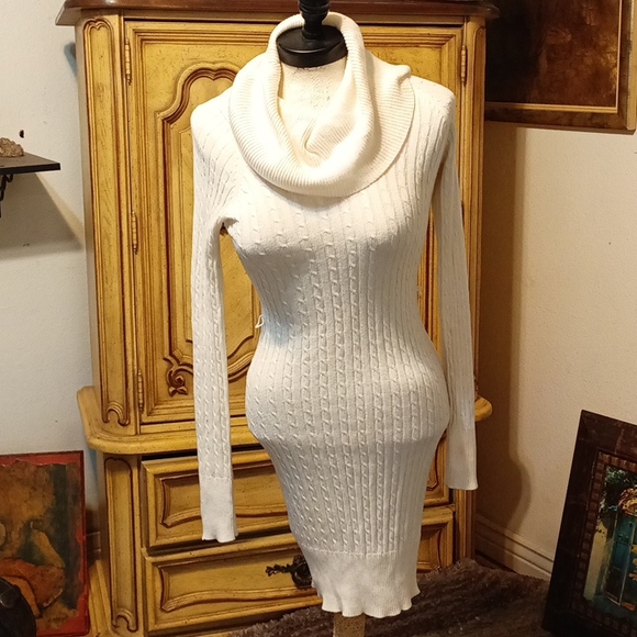 2B Bebe Dresses & Skirts - Womens Knit Crochet Sweater dress Swoop Scoop Cowl Turtle creamy Med 2b BEBE b1